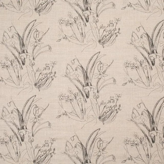 Blueprint Flower B&w on Natural Linen Fabric For Sale