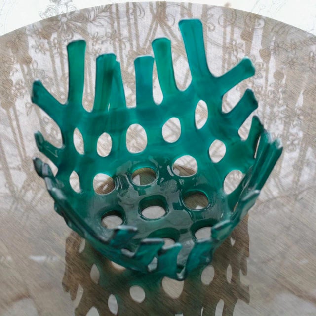 Iridescent Blue Green Fused Art Glass Coral Basket Bowl – Sculptural Studio Glass For Sale - Image 4 of 11