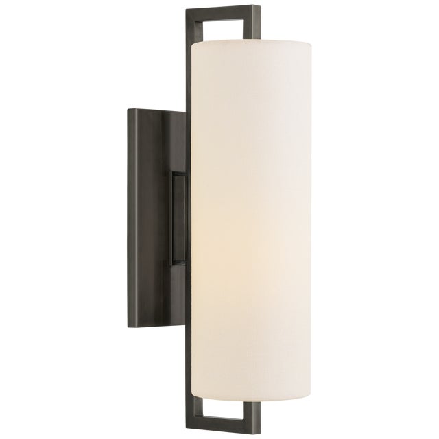Ian K. Fowler for Visual Comfort Signature Bowen Medium Sconce in Bronze with Linen Shade For Sale