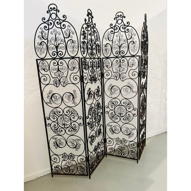 Spanish Revival Spanish Revival Style 1960s 4 Panel Iron Ornate Scrolled Folding Screen Room Divider Woodard Unmarked For Sale - Image 3 of 14