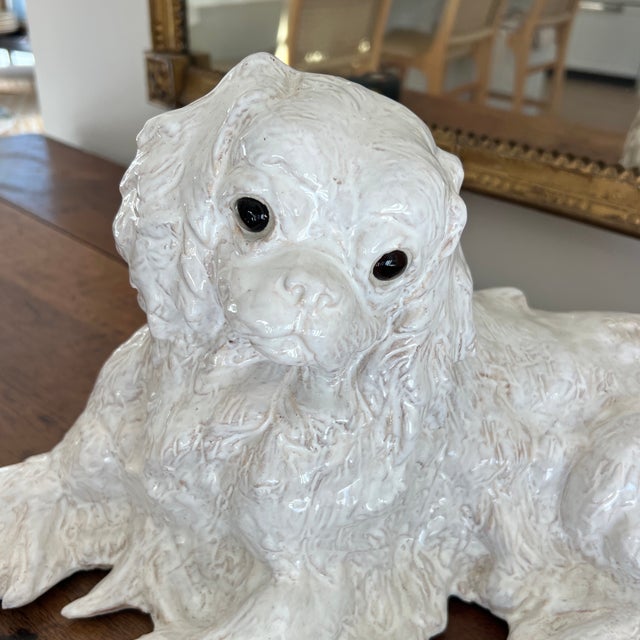 19th Century Antique French Faience Normandy Terracotta White Bavent Spaniel Dog For Sale - Image 5 of 11