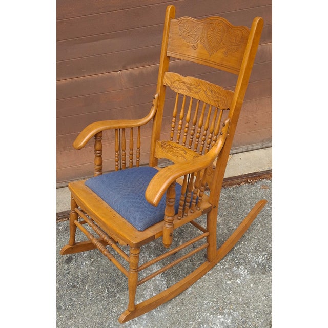 Wood Early 20th Century Carved Oak Press Back and Upholstered Seat Rocker Chair For Sale - Image 7 of 8