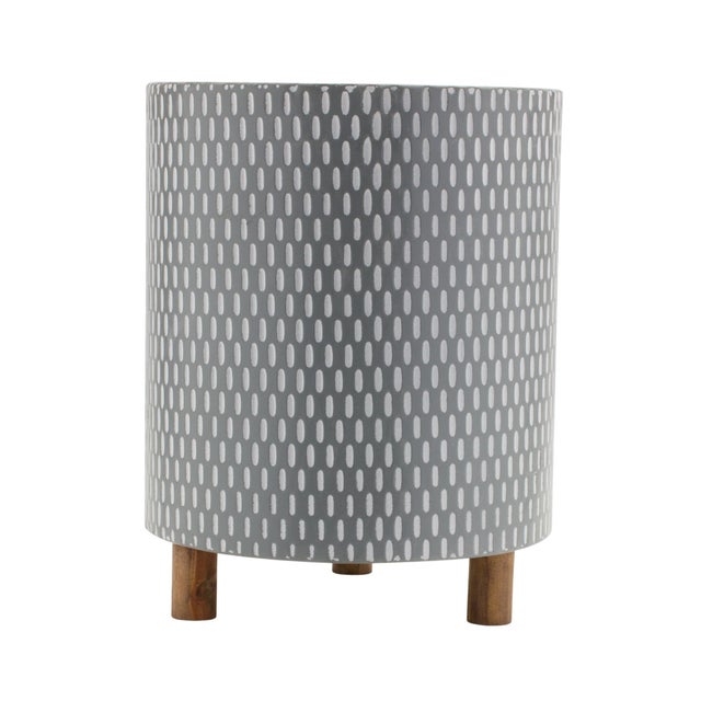 Contemporary Iron Metal Planter with Geometric Design and Wood Legs (Set of 3) For Sale - Image 3 of 4