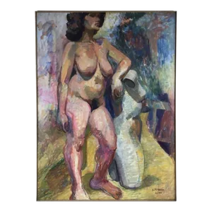 Vintage Oil on Canvas Figural Portrait Painting of Female Nude Circa 1983, Signed A. Ferrara