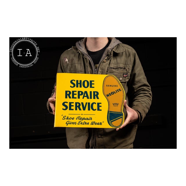 Vintage Double-Sided Flanged Porcelain Shoe Repair Sign For Sale