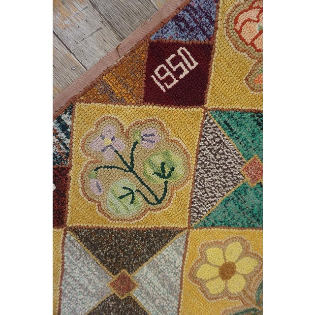 Very Pretty Multi Colored Floral Tumbling Block Pattern Set on a a Light Yellow Tan Background Vintage Signed Sg and Dated 1950 American Hooked Rug For Sale - Image 13 of 15