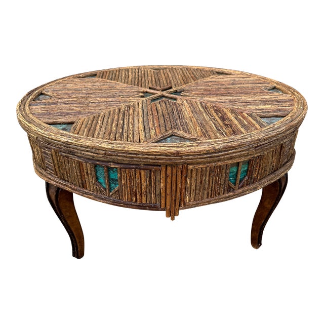 Round Rustic Wood Copper Coffee Table For Sale