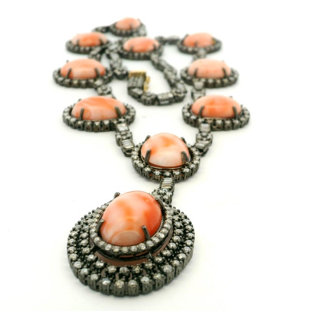 Indian Coral and Diamond Necklace in Oxidized Silver and 14k Gold, C. 1980 For Sale - Image 9 of 11