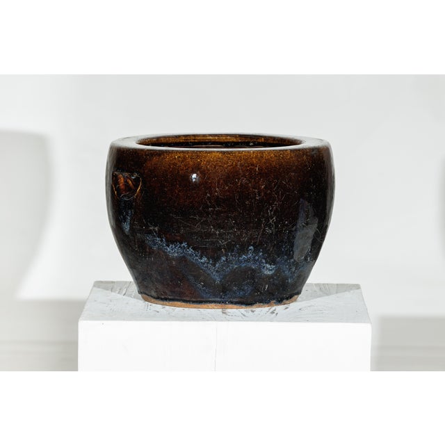 Vintage Brown and Blue Glazed Chinese Stoneware Planter with Rounded Lip For Sale In New York - Image 6 of 18