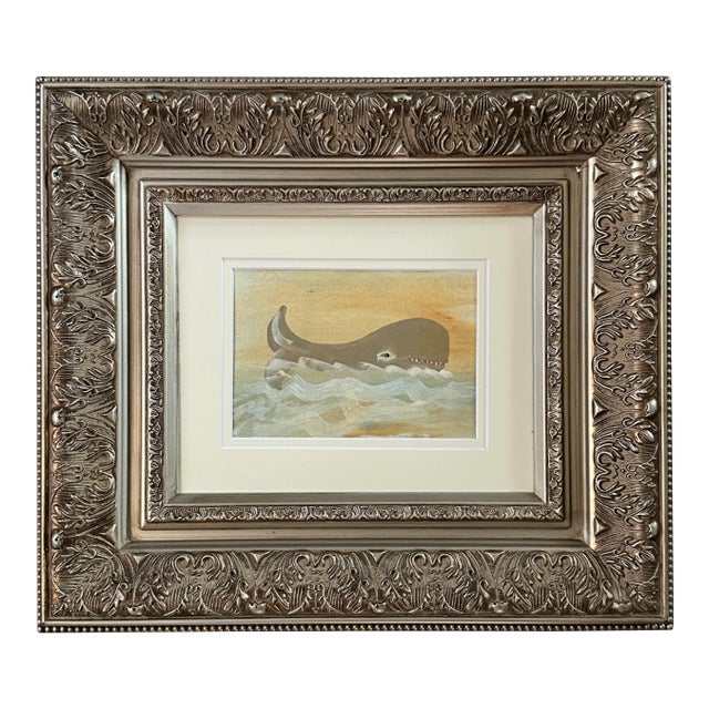 Vintage Folk Art Watercolor of a Whale For Sale