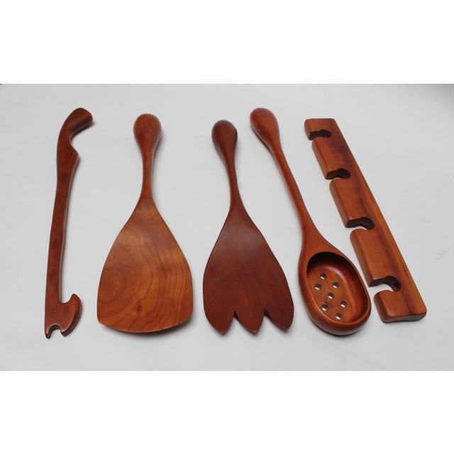 Mid-Century Modern Vintage American Studio Craft Four-Piece Cherrywood Salad Set For Sale - Image 3 of 12