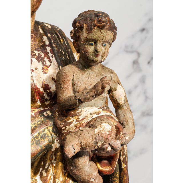 Large Antique 19th Century Mary Jesus Statue Carved Polychrome Wood Religious Sculpture For Sale - Image 4 of 18