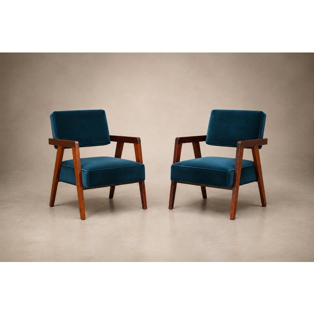 Mid-Century Modern Brazilian Modern Armchairs in Imbuia Wood and Deep Petrol-Blue Mohair, Brazil, 1950s For Sale - Image 3 of 18