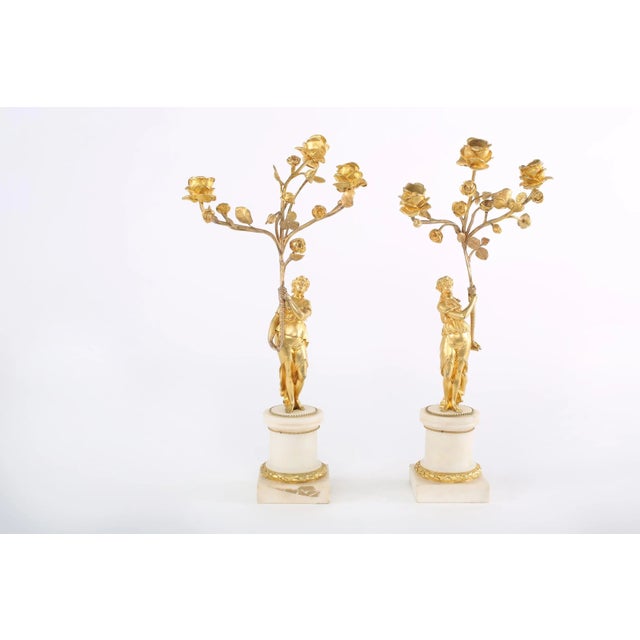 Early 20th Century Gilt Bronze / Marble Base Three Arm Candelabras - a Pair For Sale - Image 12 of 13