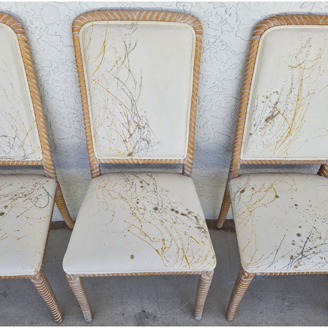 Ivory Coastal Carved Faux Rope Solid Wood Dining Chairs Abstract Upholstery Set of 6 For Sale - Image 8 of 18
