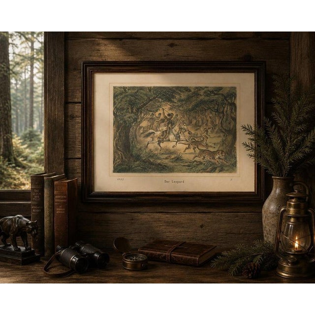 Leopard Hunt in the Jungle – Antique Wildlife Adventure Lithograph, 1883 This dramatic hand-colored lithograph titled Der...