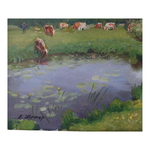 Rural Impressionism Oil Painting, River Landscape, Ukrainian Art 38-46 For Sale