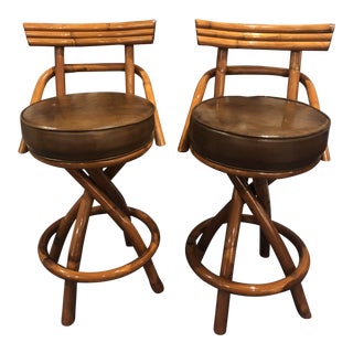 1970s Vintage Rattan Bamboo Swivel Bar Stools - Paul Frank Style Pair For Sale