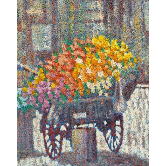 Henry Benson Henry Benson, Large Pointillism Oil Painting Flower Seller and Cart Henry Benson Americana Art, For Sale - Image 4 of 8