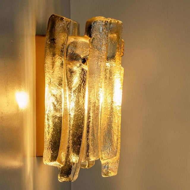 Textured Ice Glass and Brass Wall Light attributed to J. T. Kalmar for Kalmar, 1970s For Sale - Image 3 of 13