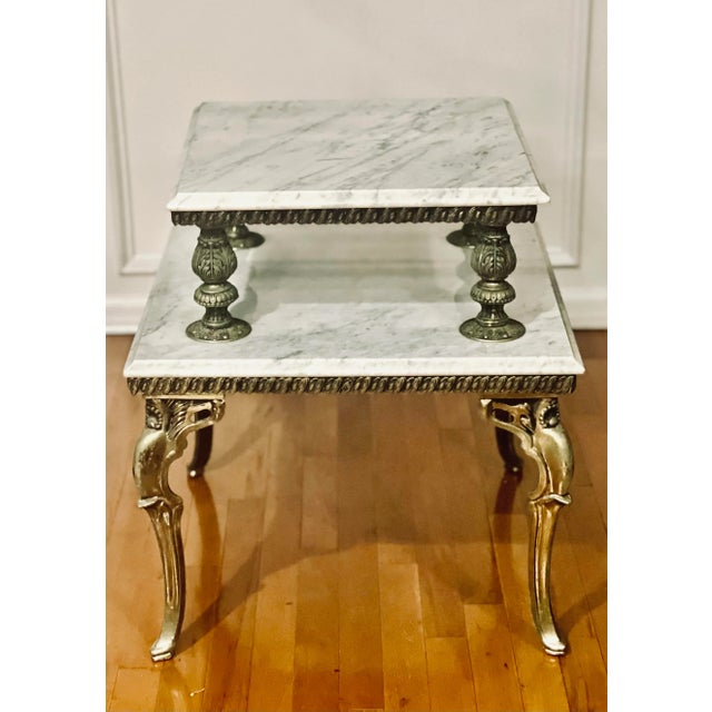 1940s French Gilded Brass and Carrera Marble Two Tier Side Table For Sale - Image 9 of 10