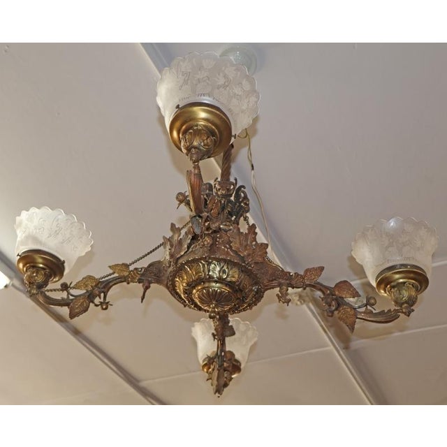 Metal 19th Century Bronze 4 Light Etched Glass Shade Gas Chandelier Gasolier For Sale - Image 7 of 18