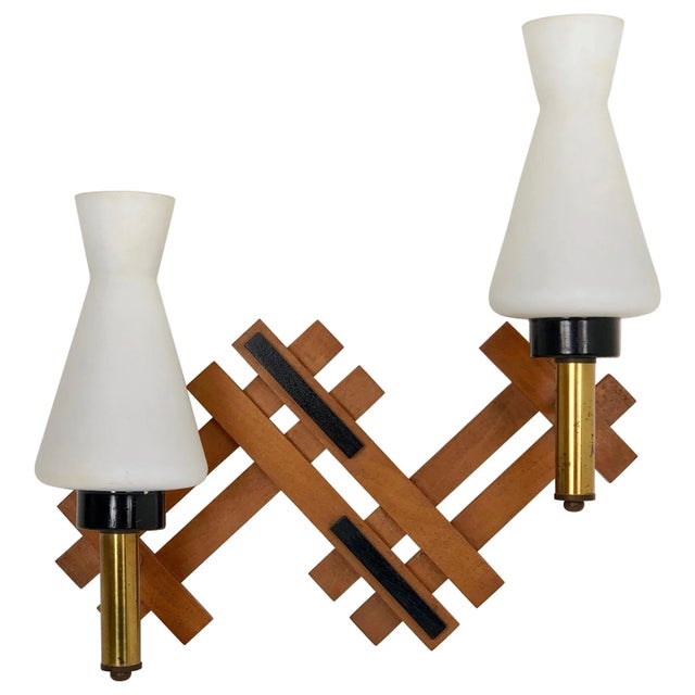 Vintage Teak, Brass & Opaline Glass Wall Sconce, Italy, 1960s For Sale - Image 6 of 6