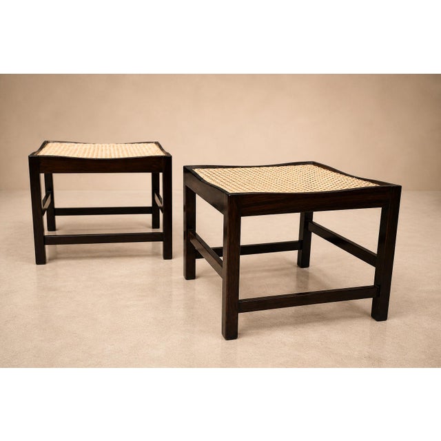 Brown Pair of Brazilian Modern Stools in Rosewood, Cane, and Olive Mohair Cushions — Liceu De Artes, 1960s For Sale - Image 8 of 18
