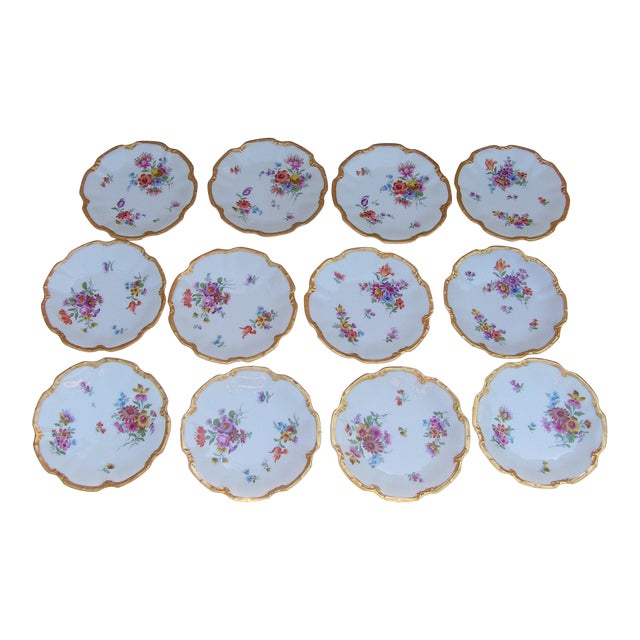 Set of 12 Antique Limoges Hand Painted Floral Dessert Plates Coiffe 1891-1942 For Sale