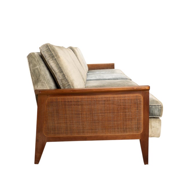 Mid-Century Modern 1960s Mid Century Modern Caned Walnut Velvet Long Sofa for Reupholstery 101" For Sale - Image 3 of 16