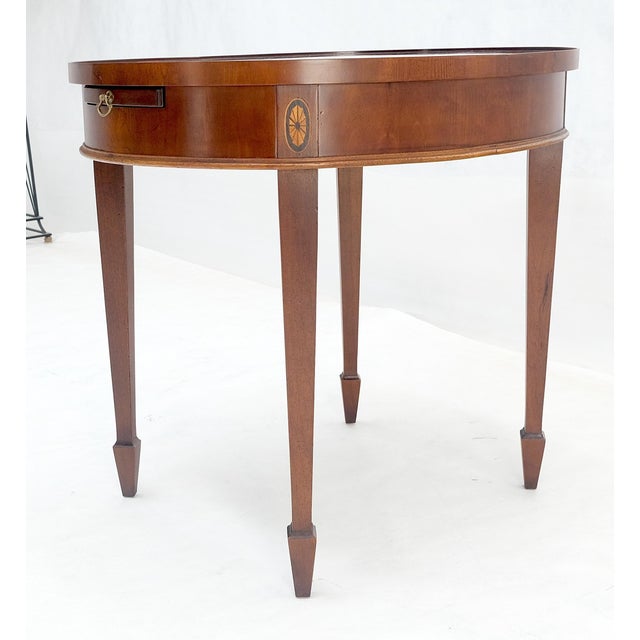 Traditional Fine Oval Banded Top Inlayed Yew Wood Pull Out Tray Side End Table Night Stand For Sale - Image 3 of 12