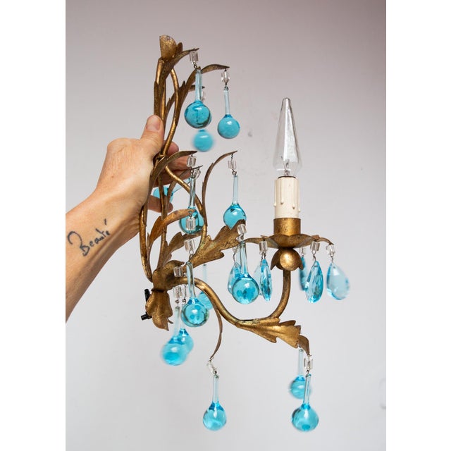 Italian Gilt Iron Wall Sconce with Turquoise Crystals, 1960s For Sale - Image 4 of 6