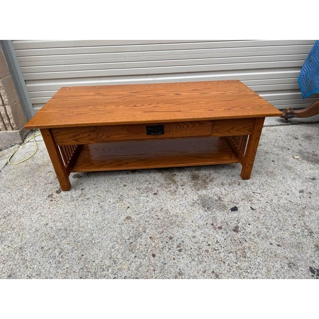 Traditional Arts and Crafts Style Solid Oak Oak 2 Tier Coffee Table With Drawer by CVW Amish Furniture Builder. For Sale - Image 3 of 12