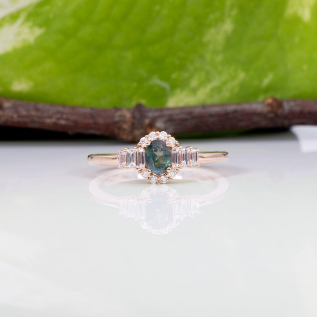 Blue Alexandrite Ring With Earth-Mined Diamond Accents in Solid 14k Gold, Oval 5x4mm For Sale - Image 8 of 12