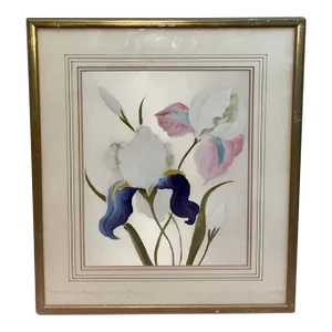 Vintage Still Life Watercolor on Silk Irises Signed La Forat