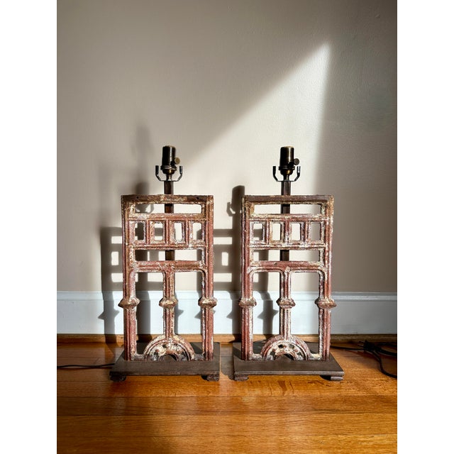 French Cast-Iron Architectural Antique Table Lamps, Pair For Sale - Image 15 of 16