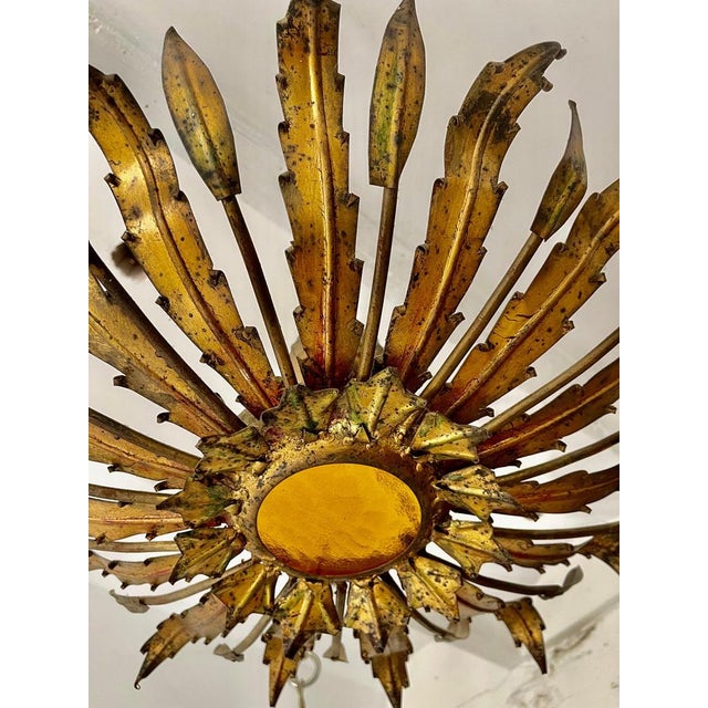 Large Spanish Sunburst Flush Mount in Gilt Metal with Support, 1950 For Sale - Image 4 of 6