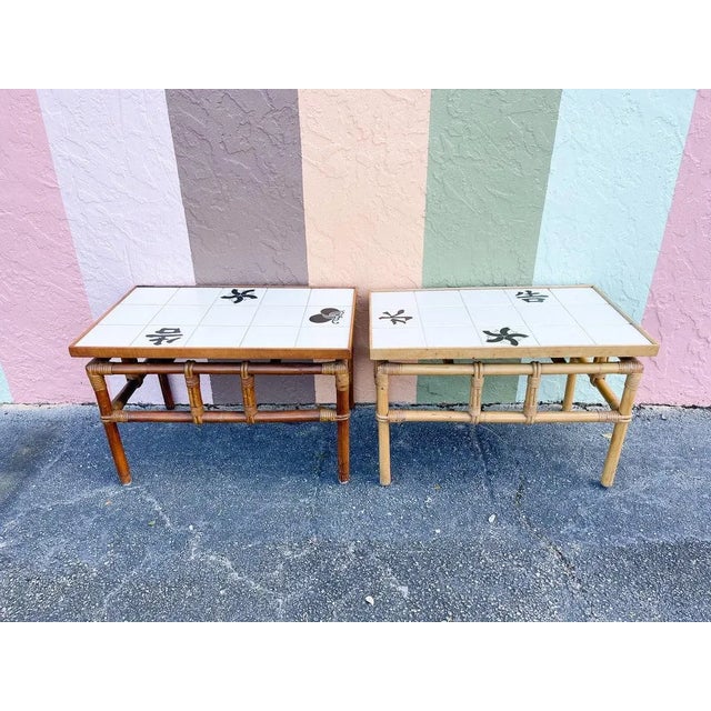 Palm Beach Regency Rattan Tile Top Side Tables - A Pair All pieces are sold in nice as found vintage condition. See...