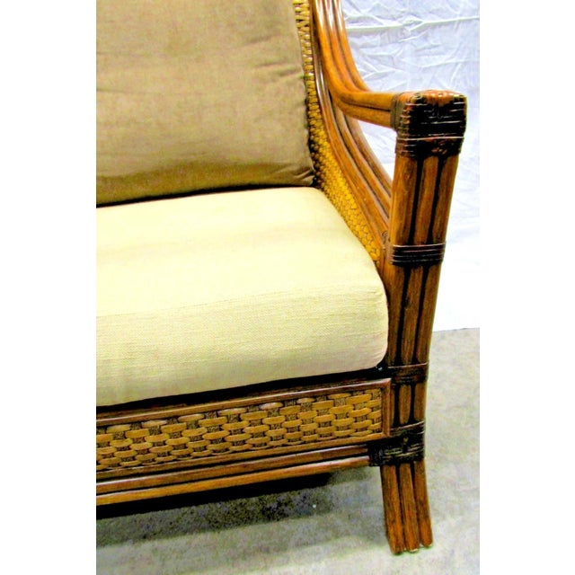 1970s Vintage Rattan Wicker Mandalay Chair With Cushions For Sale - Image 14 of 17