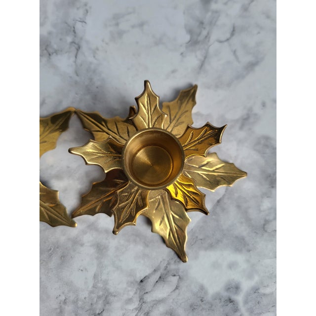 Contemporary Vintage Solid Brass Poinsettia Candlestick Holders For Sale - Image 3 of 10