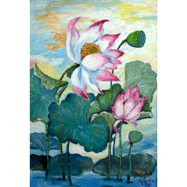 Mid Century Lotus Still Life Floral / Bangkok Landscape on Verso (Double Sided) Mid-century lotus flower composition by...