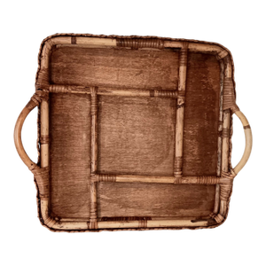 Large Bamboo and Woven Rattan Serving Tray With Five (5) Sections & Two Handles 15" X 18"