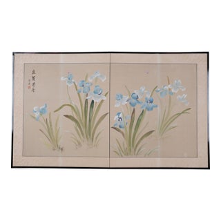1960s Japanese Byobu "Blue Irises" on the 4-Panel Folding Screen Beige Background For Sale