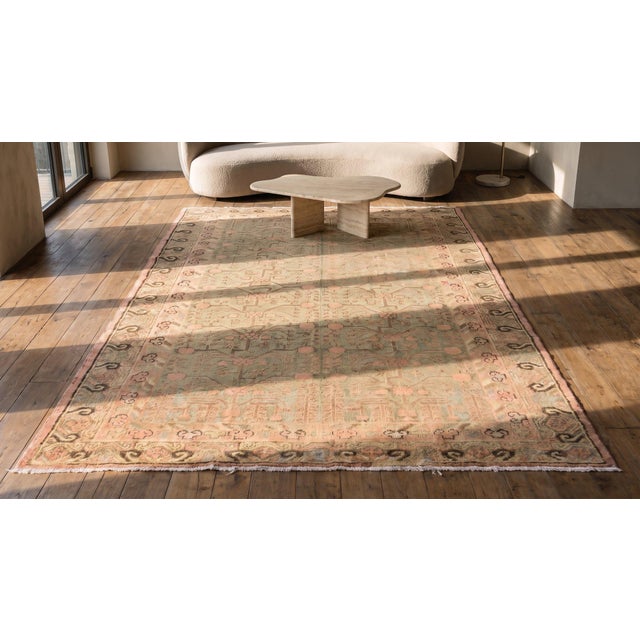 Textile 1930s Green Geometric Antique Central Asian Khotan Rug 5'8" X 11' Handknotted Wool Carpet For Sale - Image 7 of 7