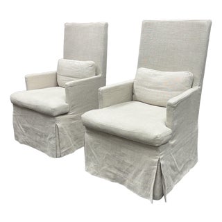 Restoration Hardware Belgian Slipcovered Track Arm Dining Arm Chairs, Pair For Sale