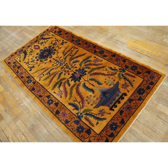1920s Goldenord Floral Antique Chinese Art Deco Carpet 3'' X 5'6'' Knotted Wool Rug For Sale - Image 4 of 12