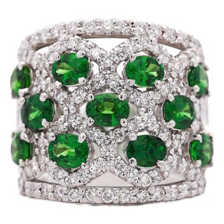 1990s 3.25 Carat Tsavorite Garnet & Diamond Platinum Wavy Wide Band Ring, Size 7 For Sale