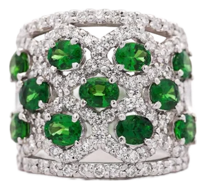 1990s 3.25 Carat Tsavorite Garnet & Diamond Platinum Wavy Wide Band Ring, Size 7