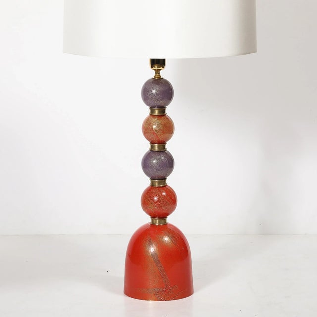Mid-Century Hand-Blown Coral Red & Lilac Murano Glass Stacked Ball Table Lamps For Sale - Image 4 of 12
