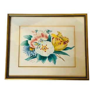Hand Painted Framed and Matted Watercolor of Flowers, Signed, C 1859 For Sale